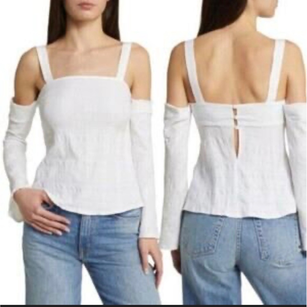 Topshop White Square-Neck Cold-Shoulder Long-Sleeve Blouse
